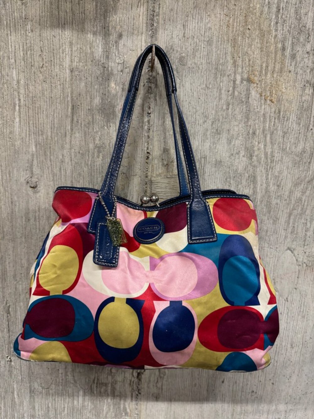 Vintage Coach Signature Multi-Color Satin Leather Tote